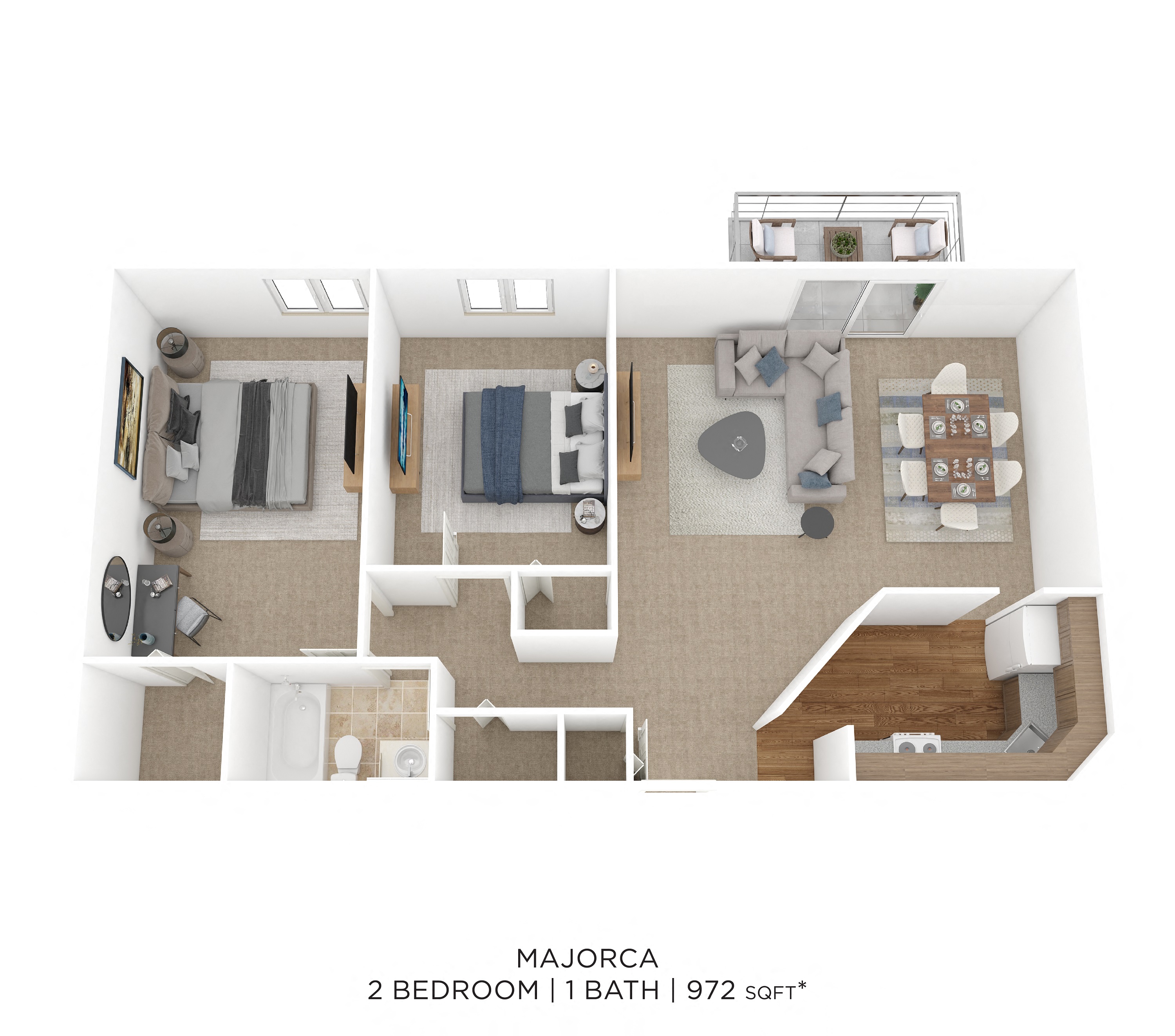 Floor plan for 2 beds, 1 bath, 972 sqft